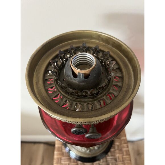 1800s Antique Victorian Cranberry Glass Oil Lantern Converted Table Parlor Lamp - Picture 9 of 13